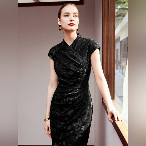 MOTF Black Evening Floral Jacquard Ruched Wrap Hem Midi Dress- M - Picture 13 of 16